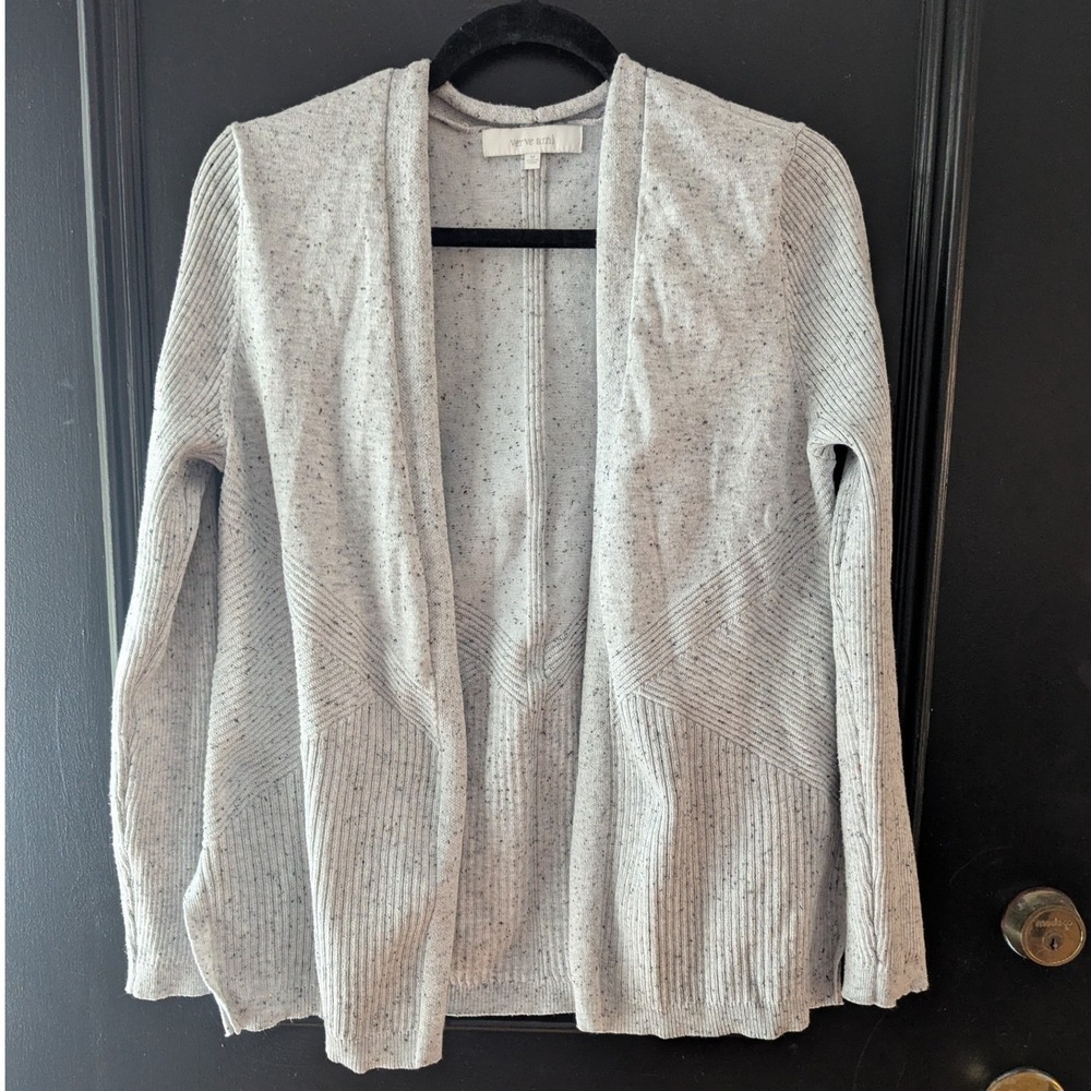 Light Gray Speckled Knit Open Front Cardigan Sweater Sz M Chevron Lightweight